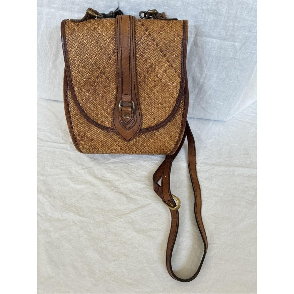 80's 90's Vintage Rattan & Leather Cross body Brass Hardware Indonesian